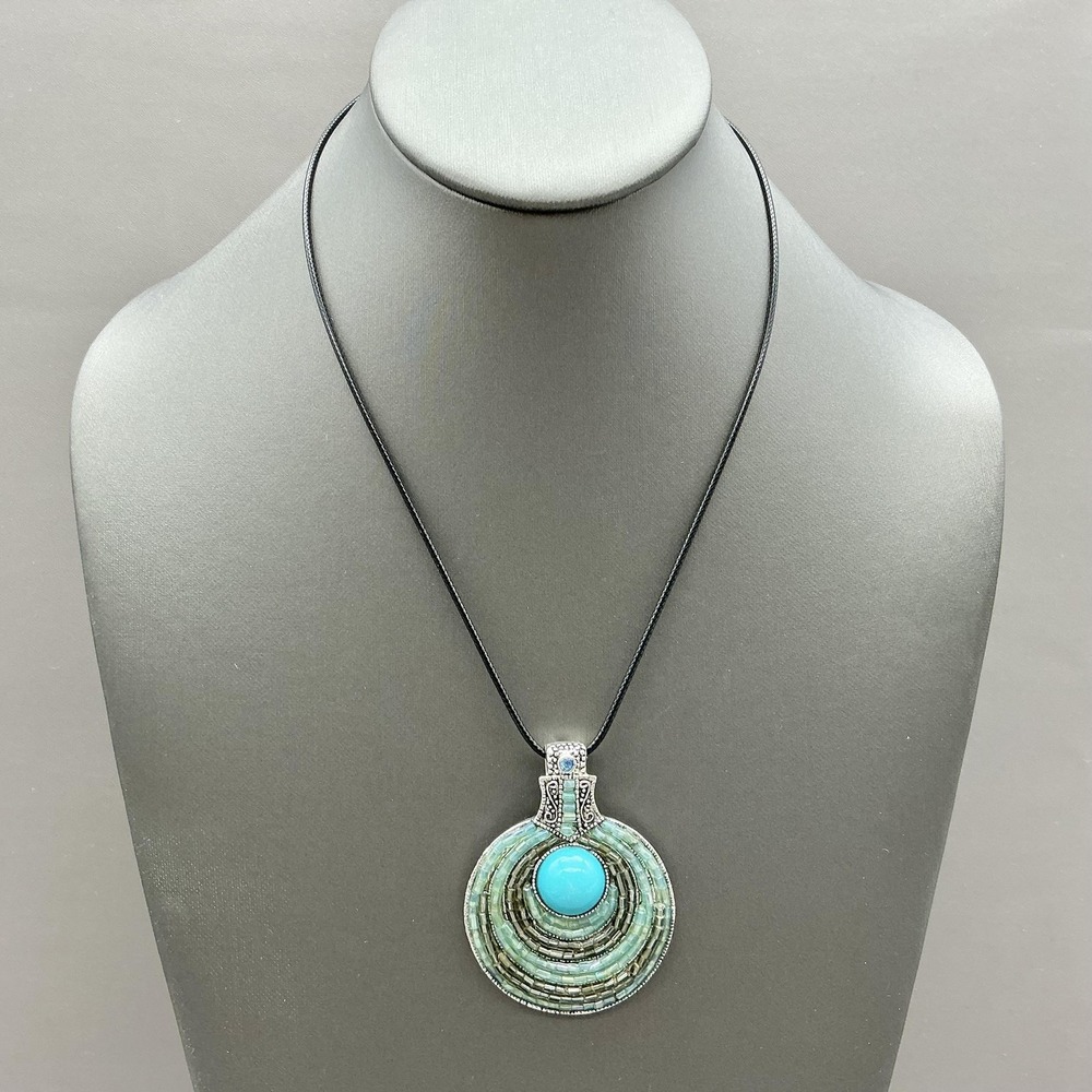 Necklace Statement Pendant Round Turquoise Bead Faux Leather Boho Blue Womens
